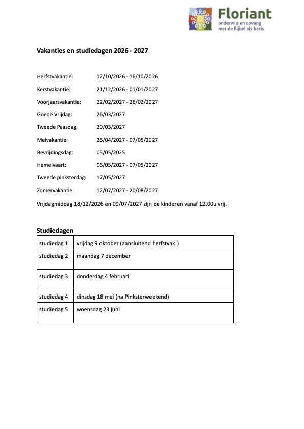 Vakantierooster en studiedagen 2026 2027
